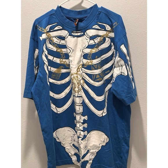 Y2K RAW BLUE 2XL MEN SHIRT Glow SKELETON  HIP-HOP Gold CHAIN O.G - Picture 1 of 4
